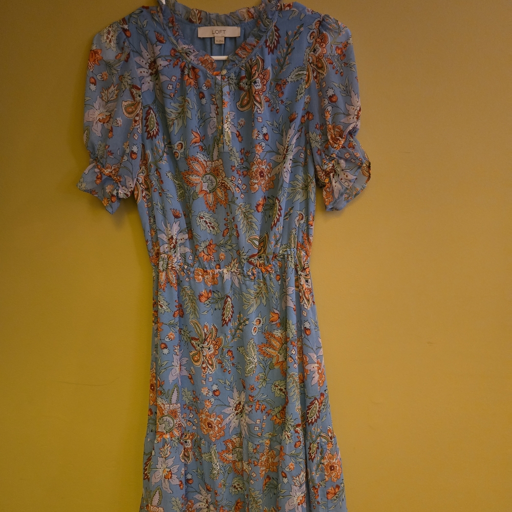LOFT Floral Midi Dress in Blue and Orange